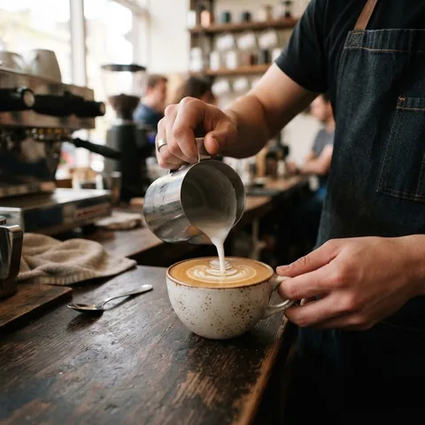 Um barista servindo latte art em uma xícara