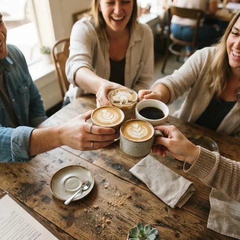 Um grupo de amigas rindo com café em uma mesa
