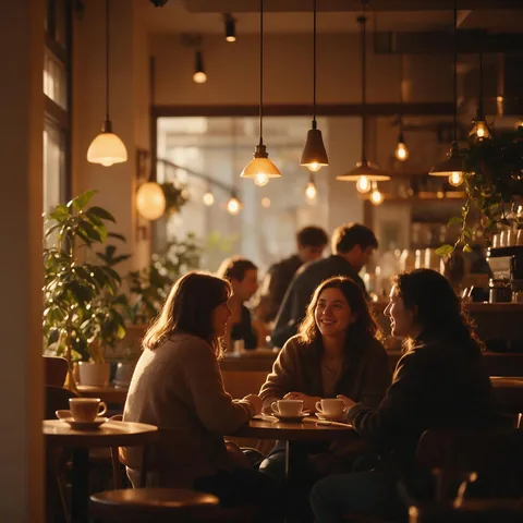 O interior aconchegante de uma cafeteria com pessoas conversando