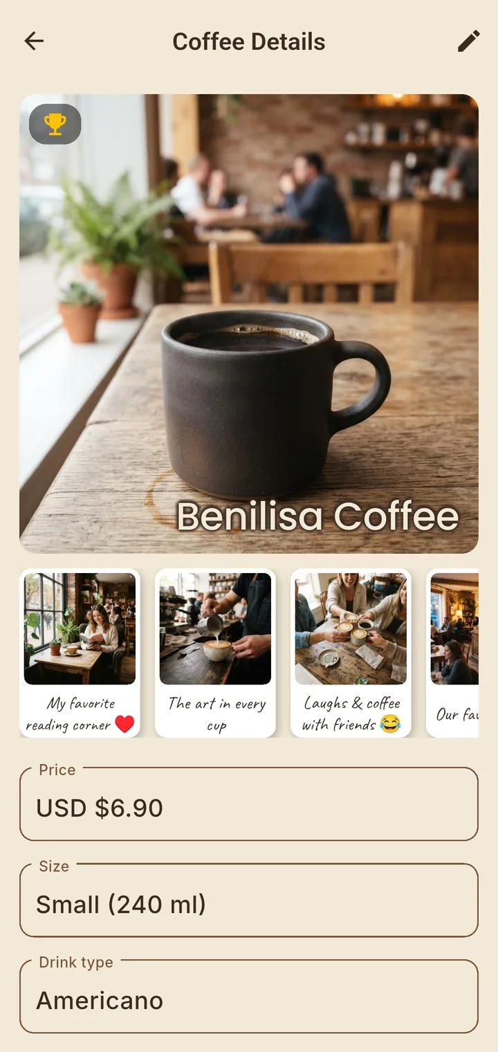 Screenshot of the coffee detail screen in the Kaphiy app