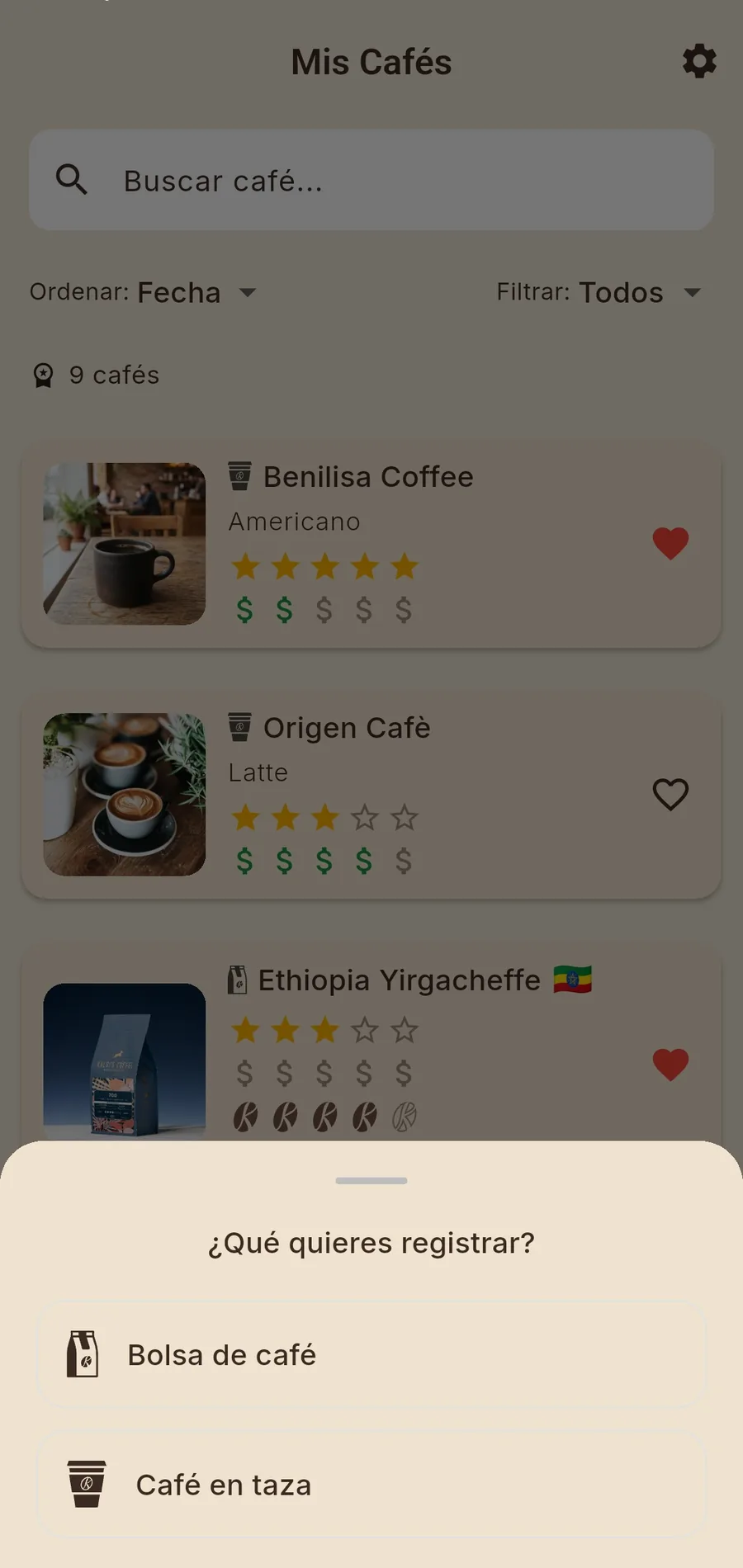 Captura de la pantalla para registrar una bolsa o una taza de café en la app Kaphiy