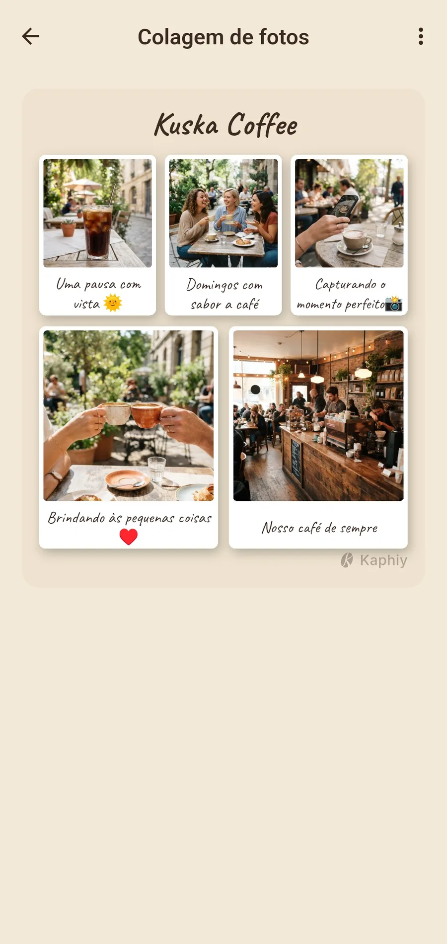 Captura de uma colagem de fotos de um café com um comentário escrito à mão